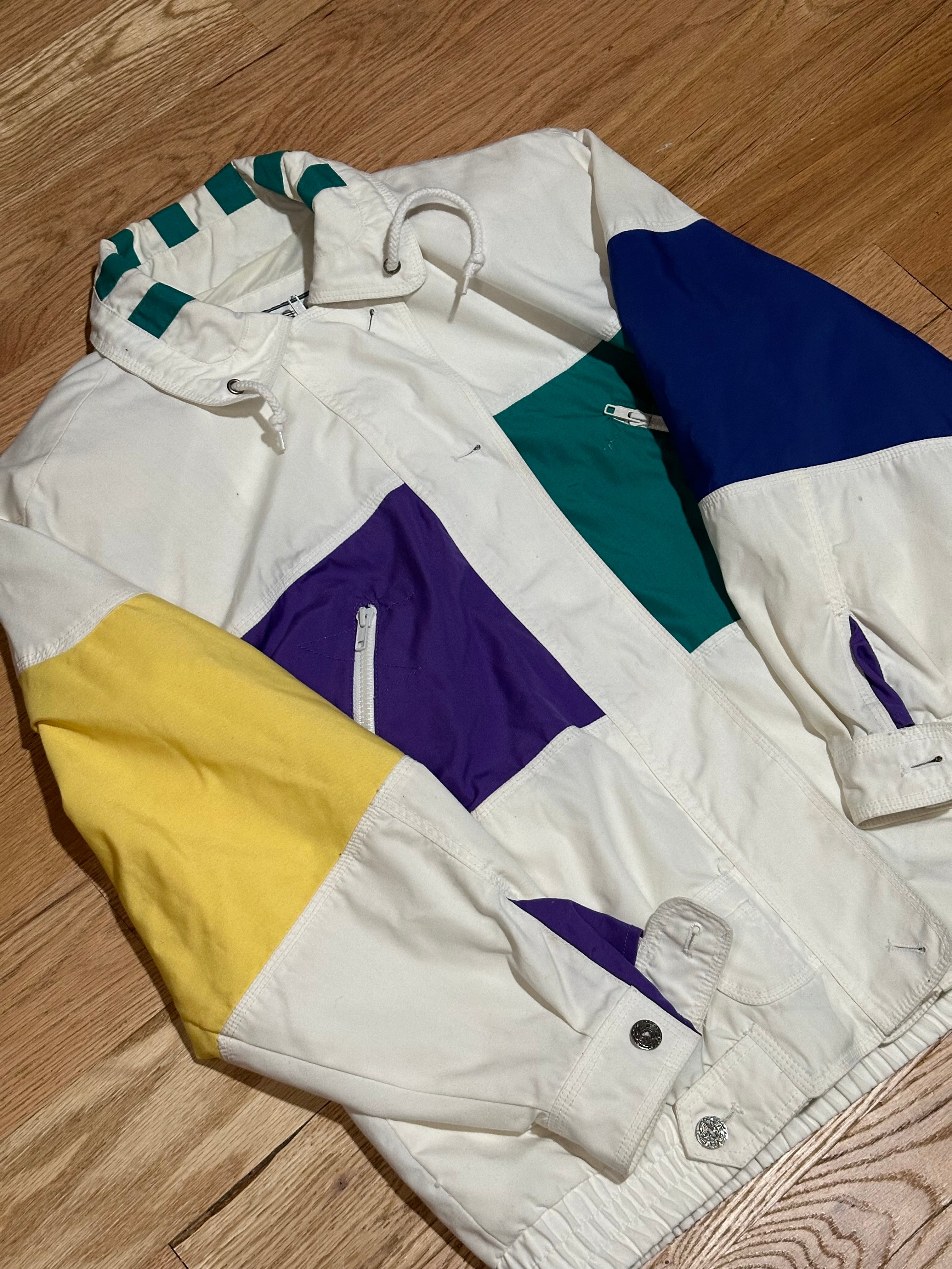 80s Vintage Windbreaker White Yellow Purple Green Blue - Size Medium