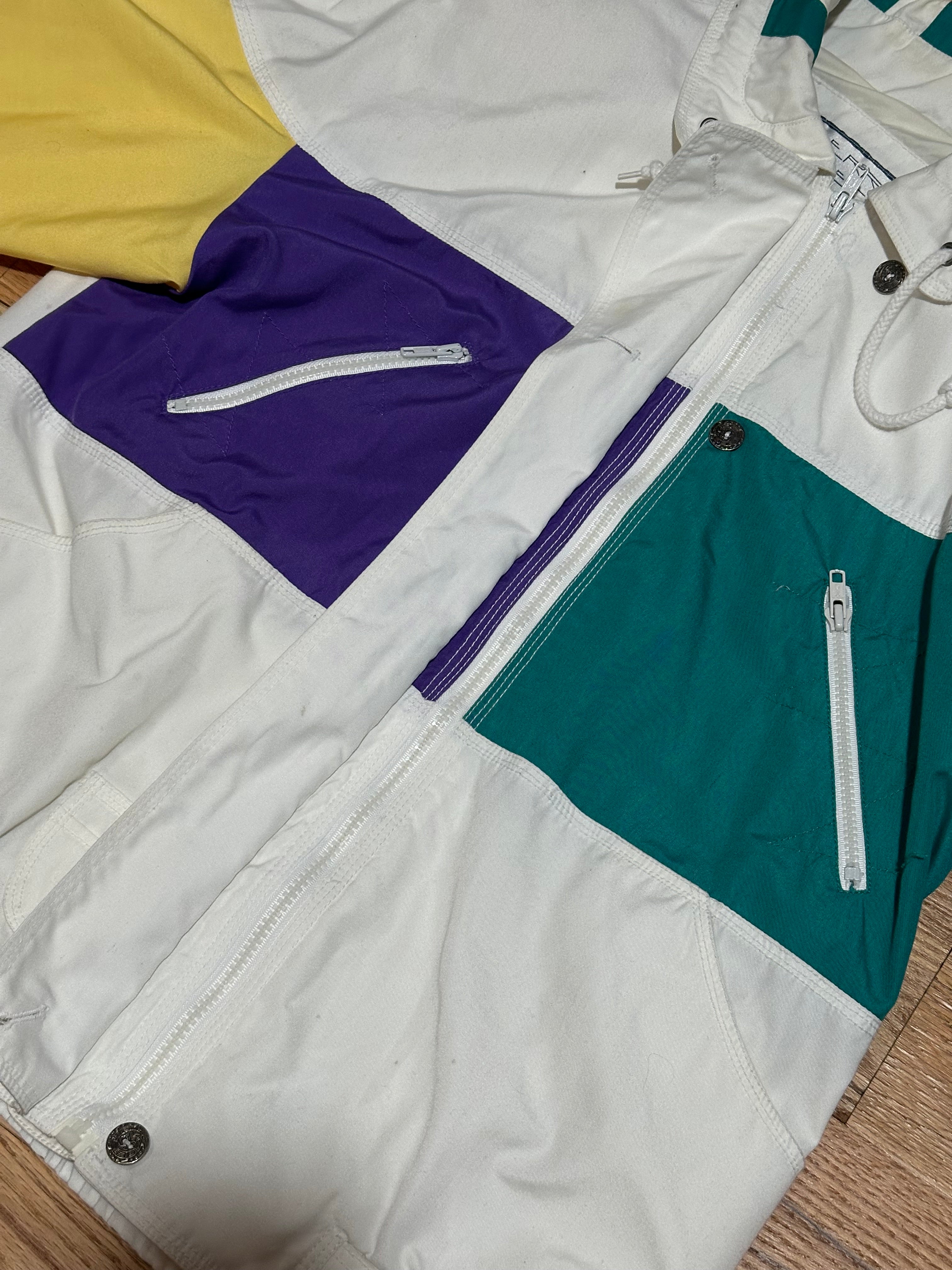 80s Vintage Windbreaker White Yellow Purple Green Blue - Size Medium
