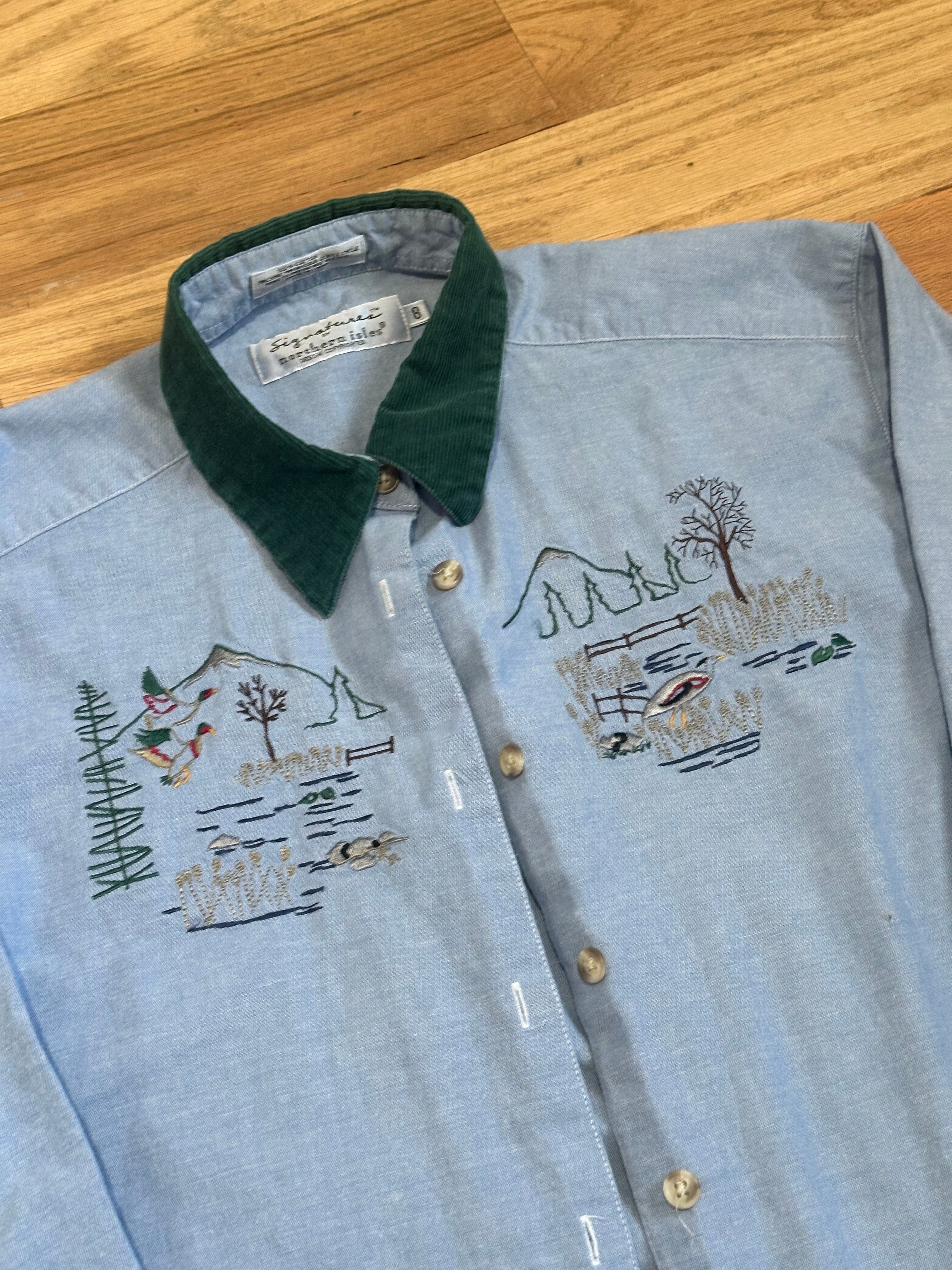Vintage Signature Northern Isles Button Up Shirt Nature Scene Embroidered Size 8