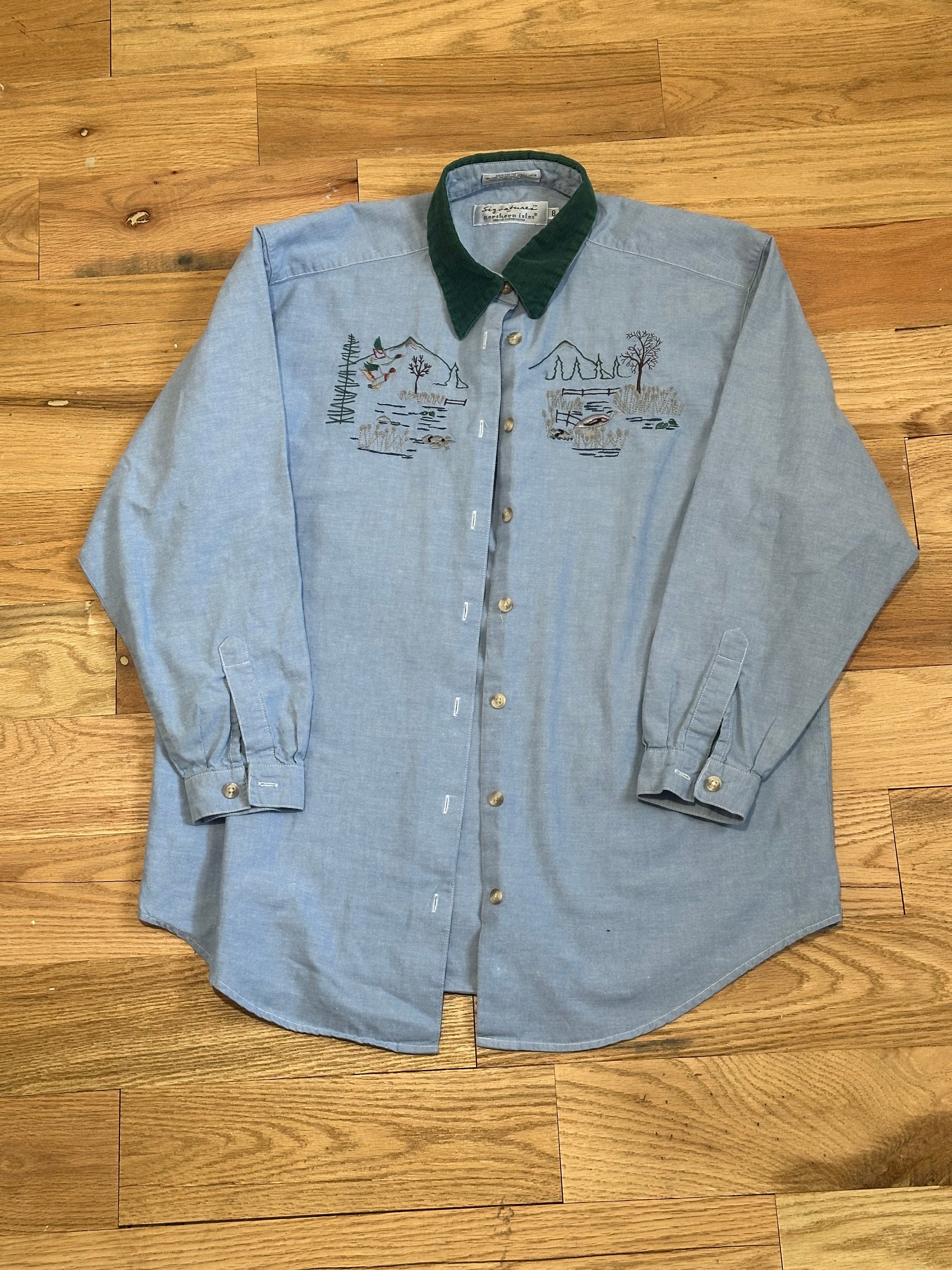 Vintage Signature Northern Isles Button Up Shirt Nature Scene Embroidered Size 8