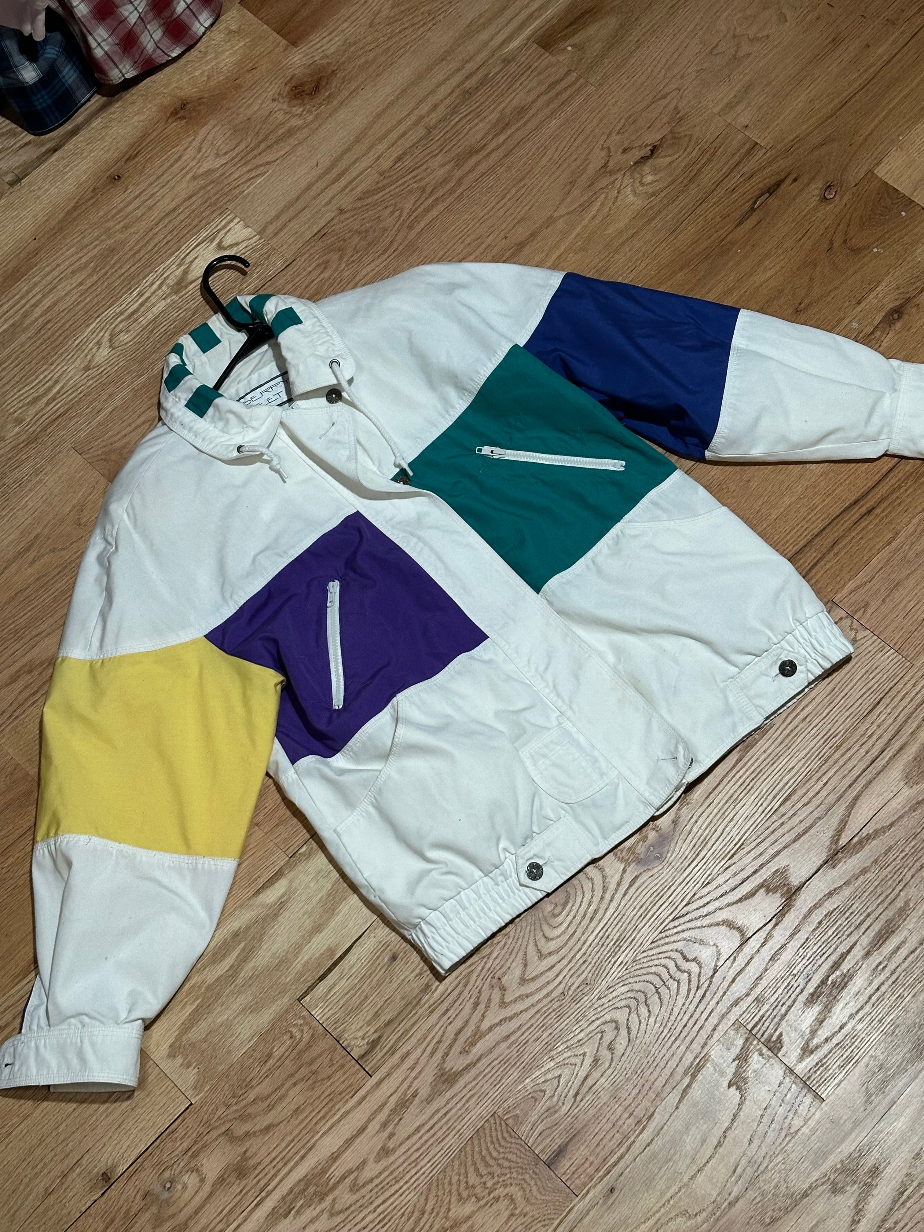 80s Vintage Windbreaker White Yellow Purple Green Blue - Size Medium