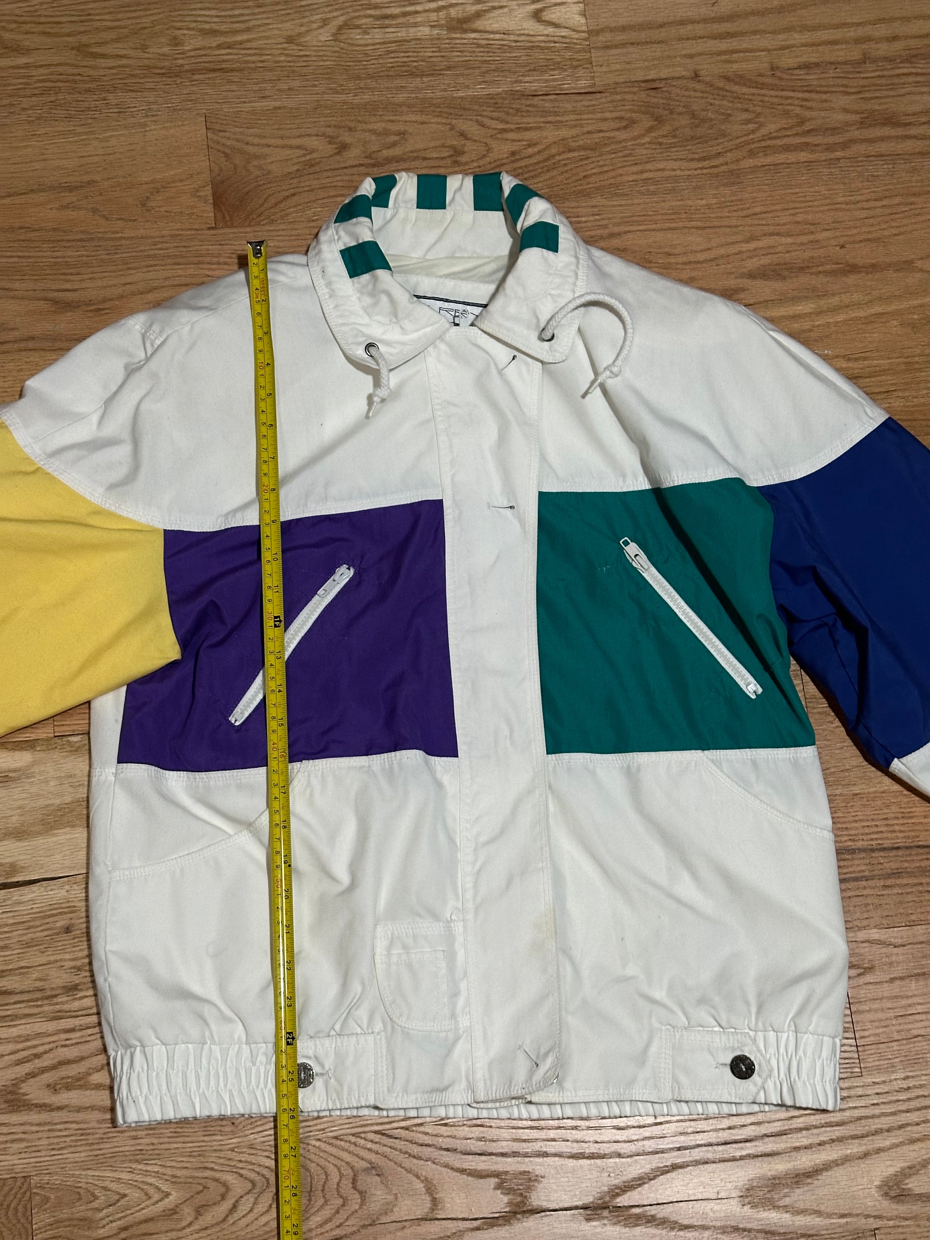 80s Vintage Windbreaker White Yellow Purple Green Blue - Size Medium