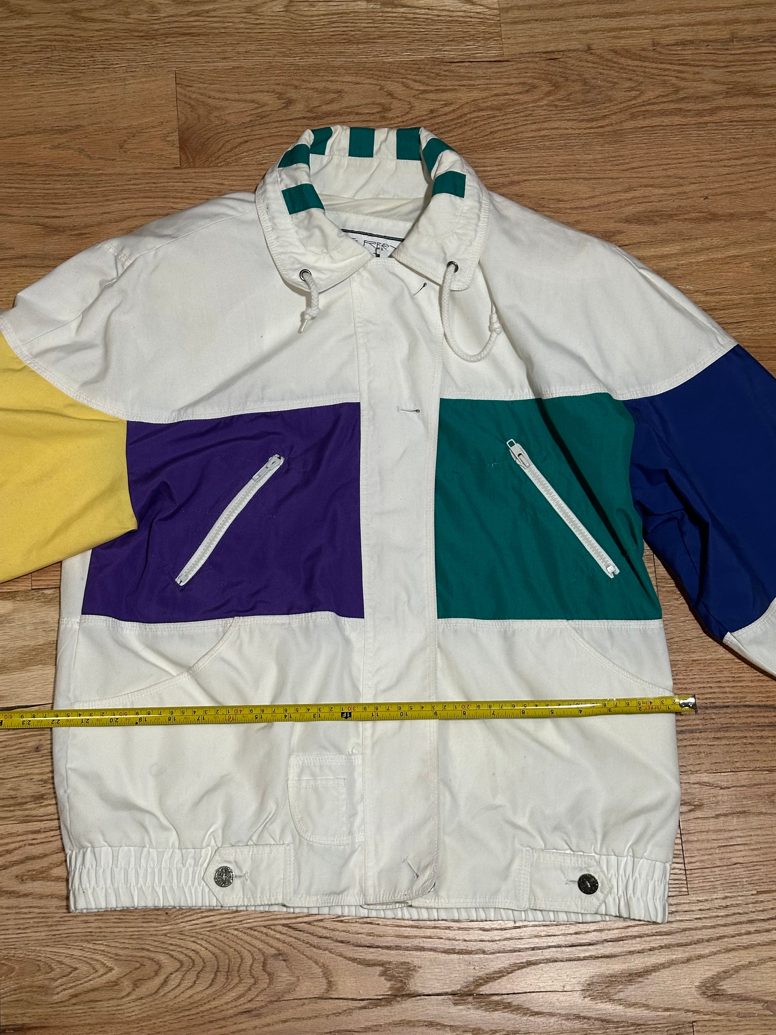 80s Vintage Windbreaker White Yellow Purple Green Blue - Size Medium